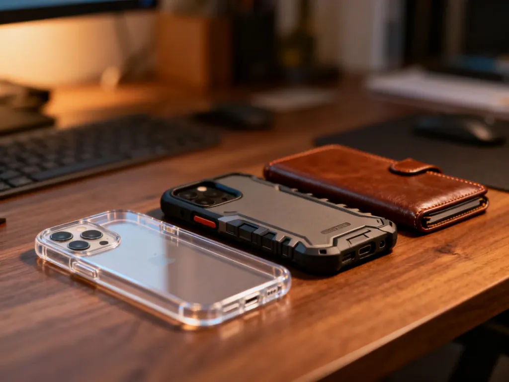 Różnorodne etui na telefon, w tym przezroczyste, pancerne i skórzane, ułożone na drewnianym biurku.