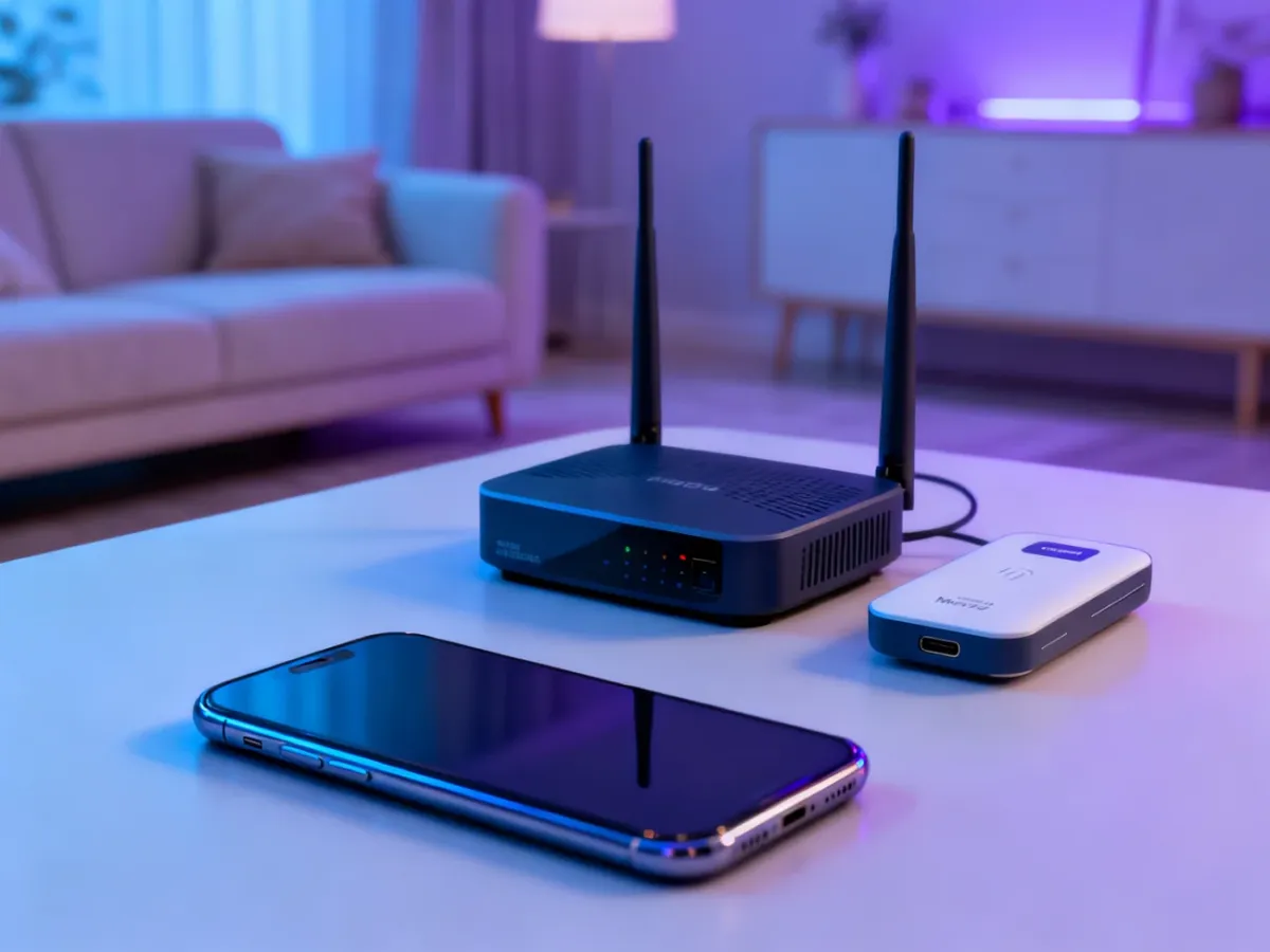 Smartfon obok routera Wi-Fi i dodatkowego urządzenia do internetu mobilnego