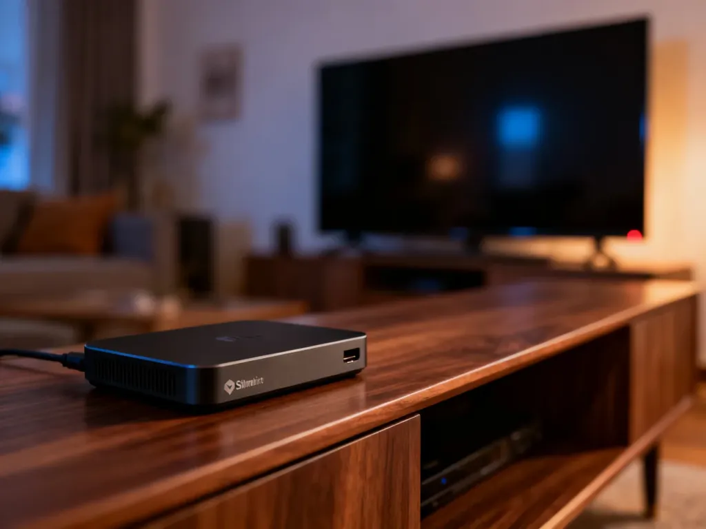 Nowoczesny adapter do streamingu umieszczony na drewnianej szafce RTV w przytulnym salonie.