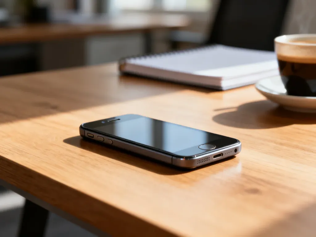 Nowoczesny, kompaktowy smartfon z ekranem 4,5 cala leżący na drewnianym biurku w słonecznym domowym biurze.