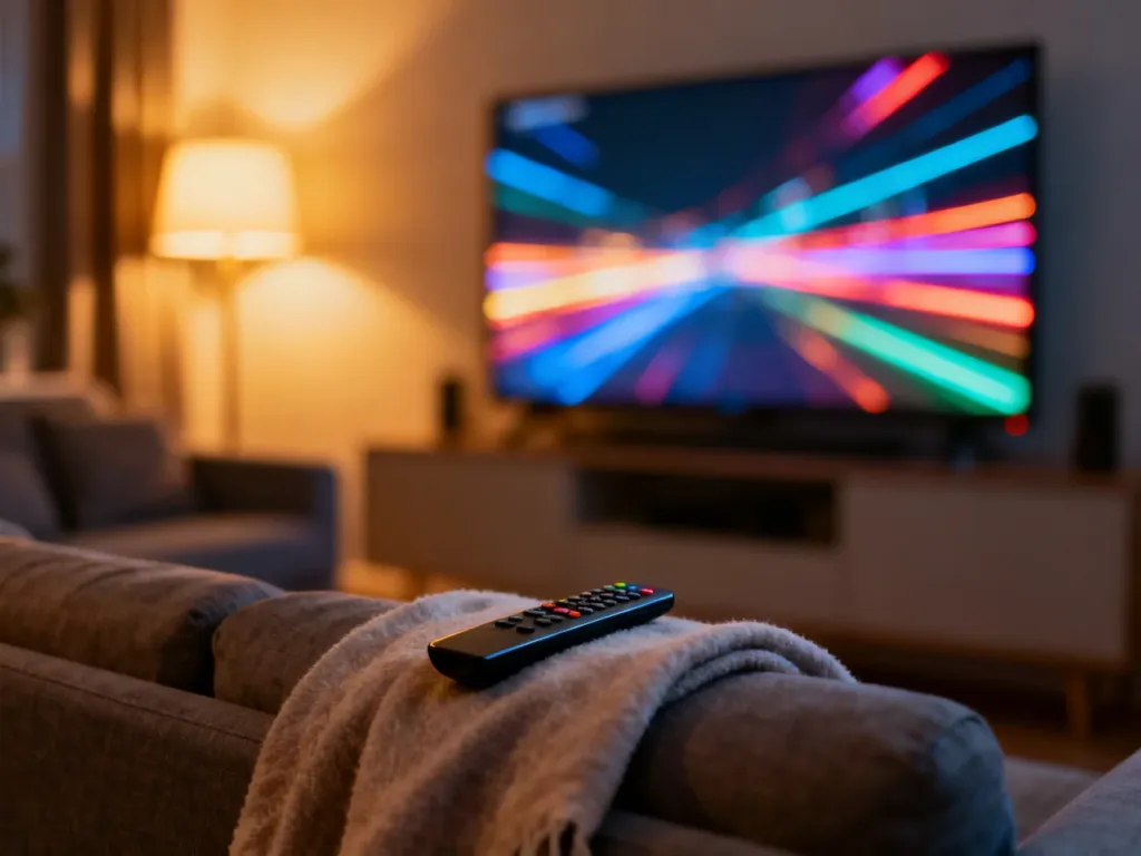 Nowoczesny salon z telewizorem i pilotem, symbolizujący relaks przy treściach z platform streamingowych.