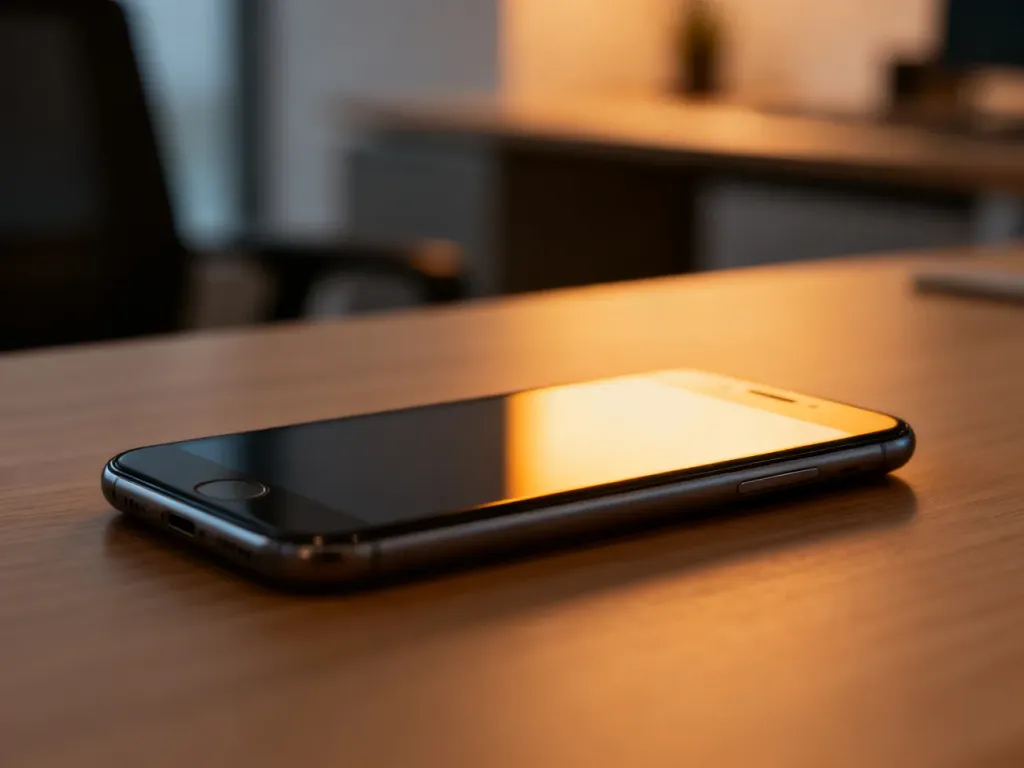 Nowoczesny smartfon leżący na drewnianym biurku w biurowym wnętrzu, prezentujący elegancki design urządzenia.