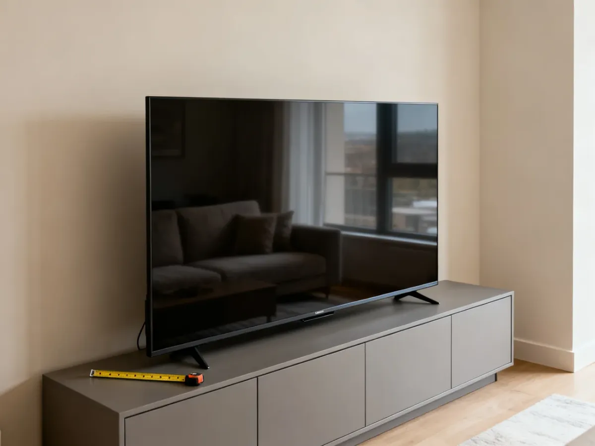 Telewizor 60-calowy ustawiony na szafce z zaznaczoną przestrzenią potrzebną na jego wymiary