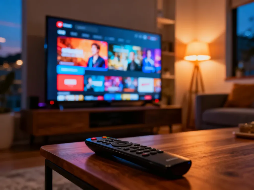 Nowoczesny telewizor z otwartym interfejsem platformy streamingowej w przytulnym salonie oraz pilot na stoliku kawowym.