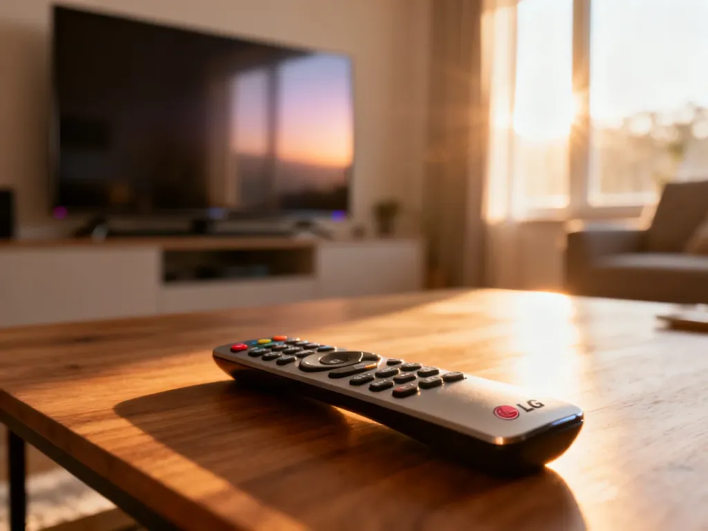 Nowoczesny pilot do telewizora LG leżący na drewnianym stoliku w jasnym salonie.