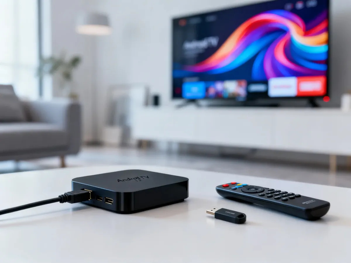 TV Smart 4K Box podłączony do telewizora 4K z pilotem i pamięcią USB