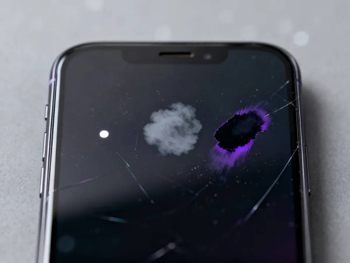 Zbliżenie telefonu z martwym pikselem oraz czarnymi i fioletowymi plamami na ekranie