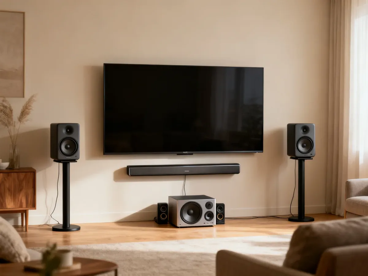 Telewizor z soundbarem, głośnikami stereo i elementami kina domowego w salonie