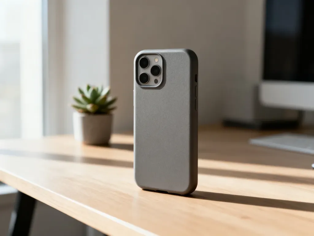 Eleganckie etui ochronne do telefonu Oppo Reno 5 leżące na minimalistycznym drewnianym biurku w świetle poranka.