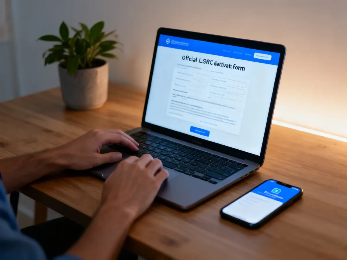 Laptop used to deactivate RCS online while a smartphone lies beside it