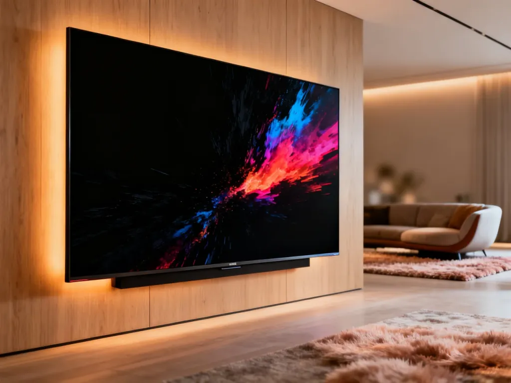 Nowoczesny telewizor OLED 77 cali o smukłym designie, wyeksponowany w minimalistycznym salonie z nastrojowym oświetleniem.