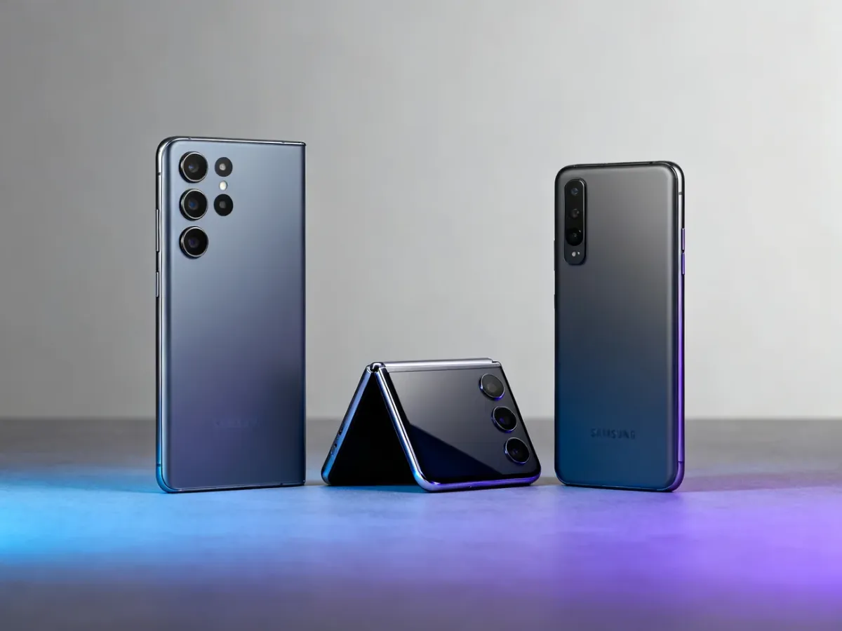 Trzy smartfony Samsung Galaxy symbolizujące serie S, Z i A