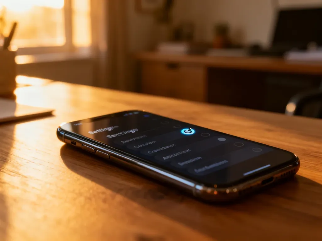 Nowoczesny smartfon na biurku z otwartym menu ustawień, wskazujący opcję wyłączenia asystenta głosowego.