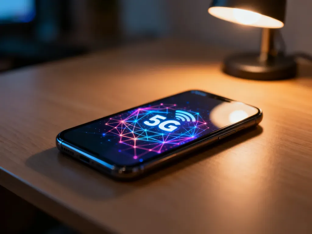 Nowoczesny smartfon z podświetlonym ekranem symbolizującym łączność 5G, spoczywający na minimalistycznym drewnianym biurku.
