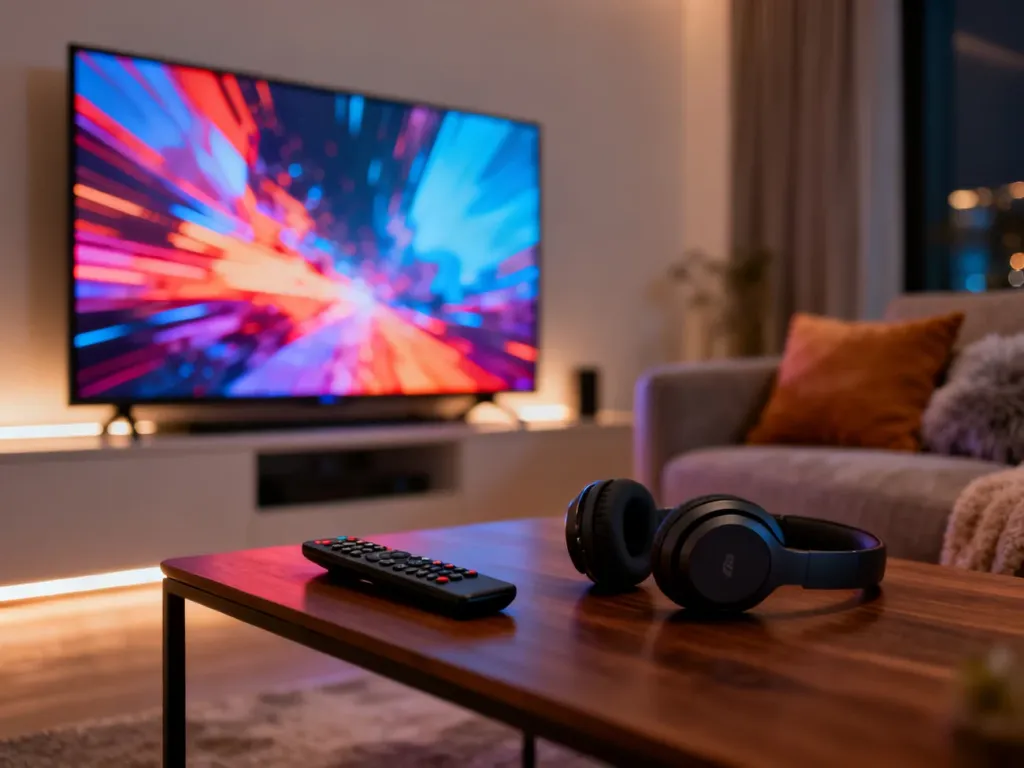 Nowoczesny salon z dużym telewizorem 4K, podkreślający komfort domowego kina i wysoką jakość oglądania treści.