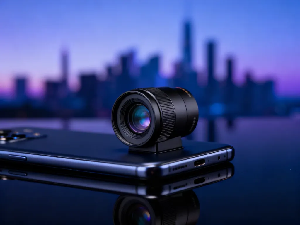 Nowoczesny smartfon z zaawansowanym obiektywem do zoomu optycznego, spoczywający na eleganckim, ciemnym podłożu.