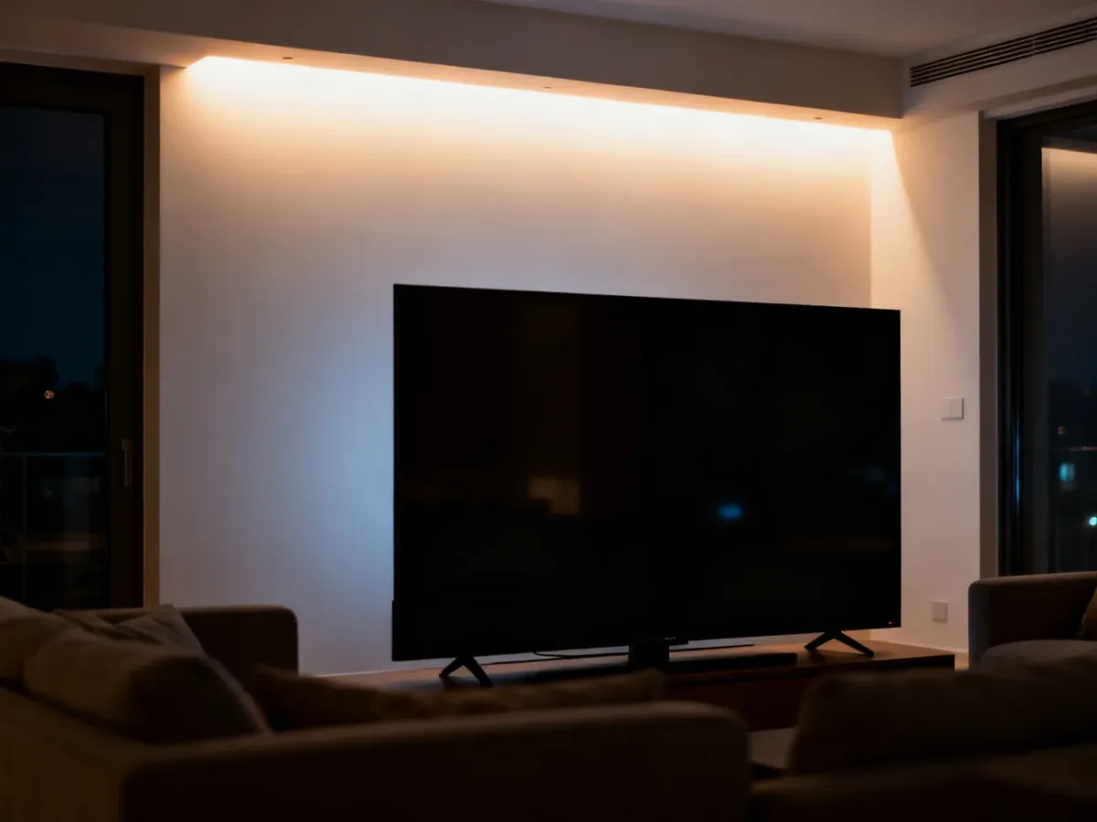 Telewizor z delikatną łuną podświetlenia na ścianie