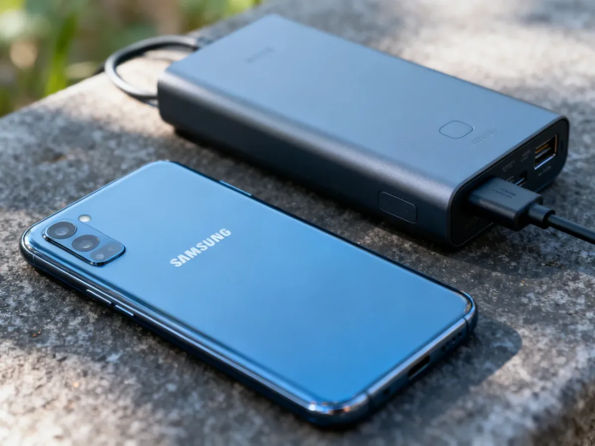 Smartfon Samsung i powerbank symbolizujące długi czas pracy baterii