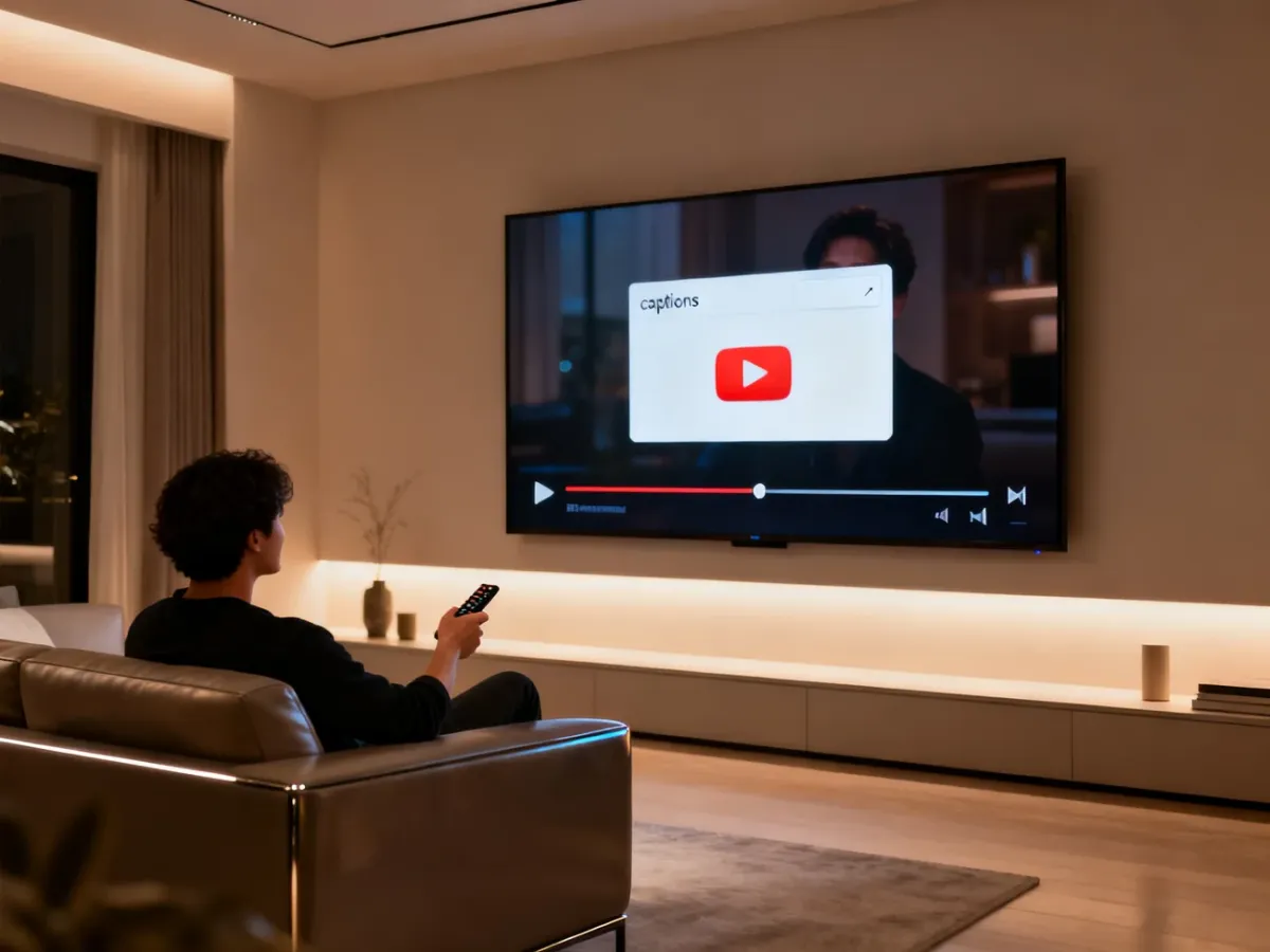 Osoba wyłącza napisy w aplikacji YouTube na telewizorze za pomocą pilota