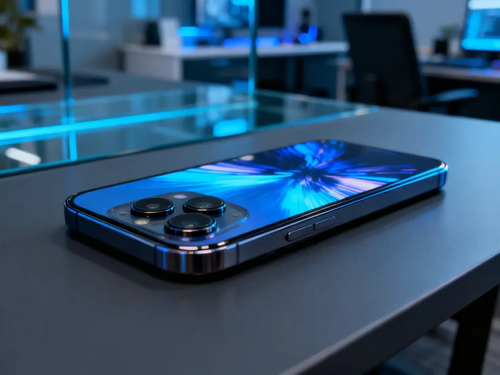 Smartfon Redmi Note 14 Pro 5G leżący na nowoczesnym biurku z podświetlonym ekranem i wyeksponowanym modułem aparatu.