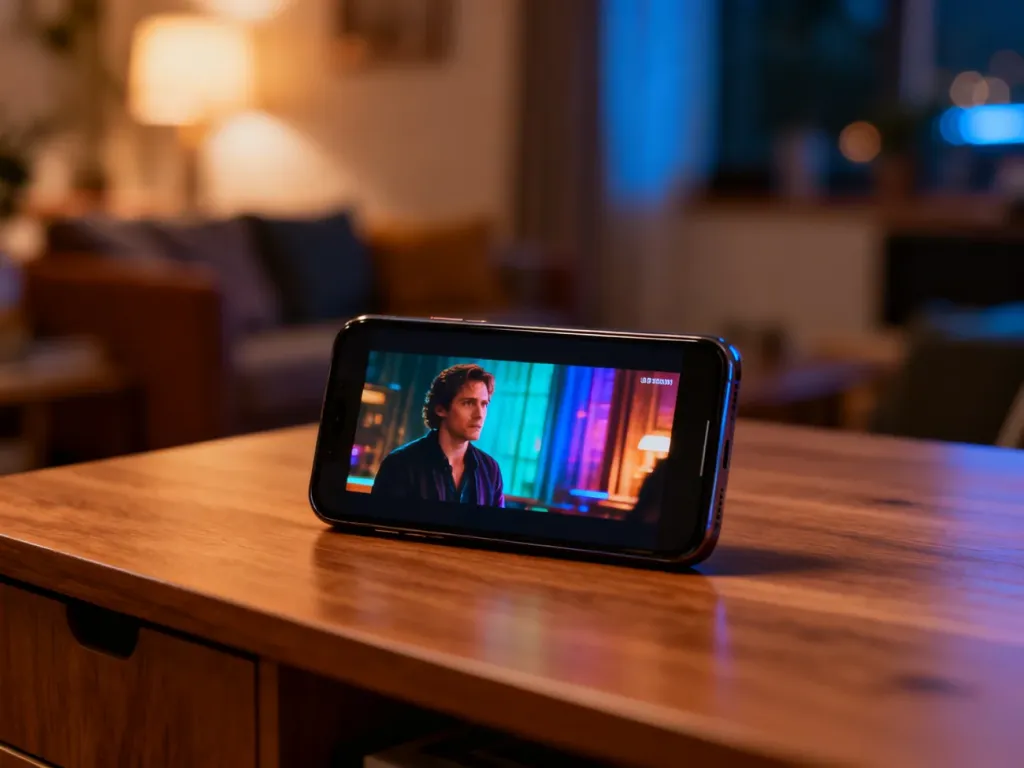 Nowoczesny smartfon z żywym ekranem wyświetlającym film, ustawiony na drewnianym biurku w przytulnym, wieczornym wnętrzu.