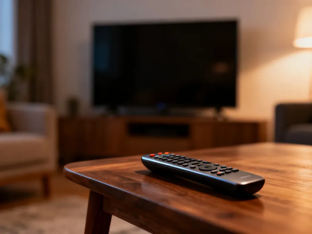 Nowoczesny pilot do telewizora leżący na drewnianym stoliku w przytulnym salonie z widocznym w tle ekranem TV.