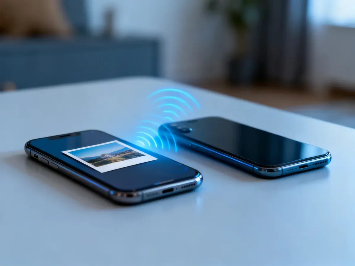 Dwa smartfony przesyłające między sobą zdjęcie bezprzewodowo