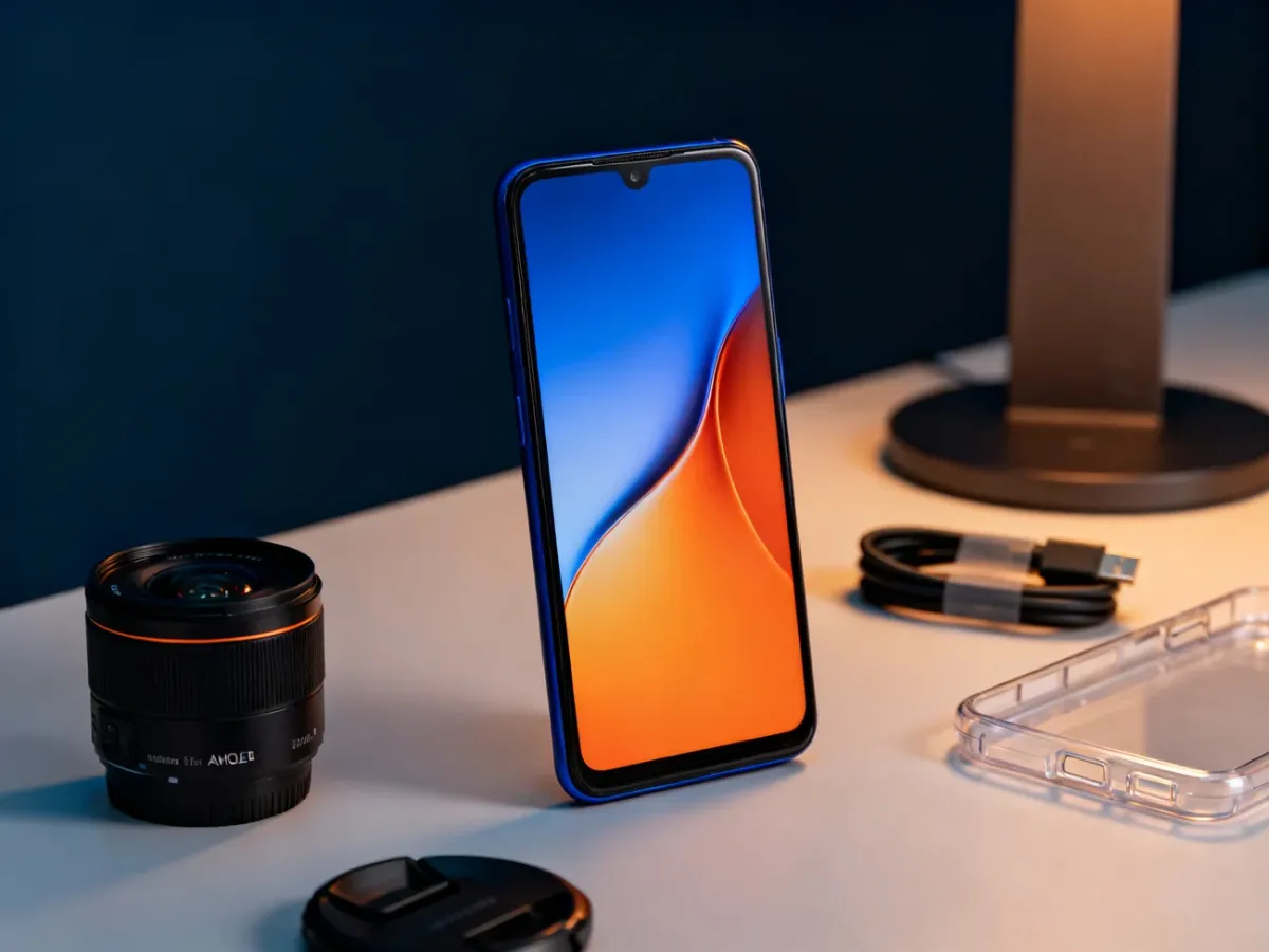 Nowoczesny smartfon średniej klasy z akcesoriami do codziennego użytkowania