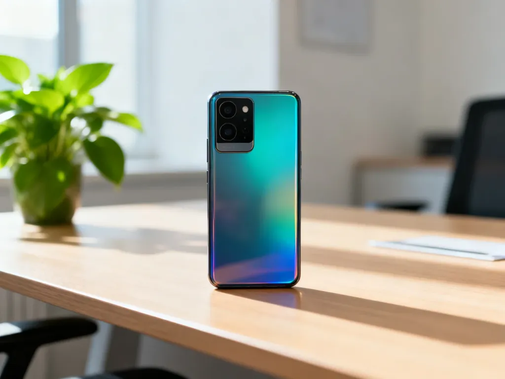 Nowoczesny smartfon Samsung leżący na drewnianym biurku w jasnym, profesjonalnym biurze.