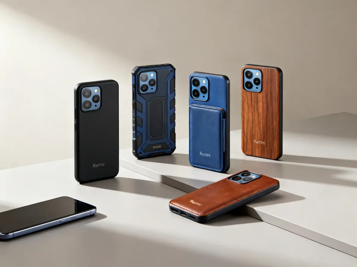Różne rodzaje etui do telefonu Redmi Note 12 ułożone obok smartfona