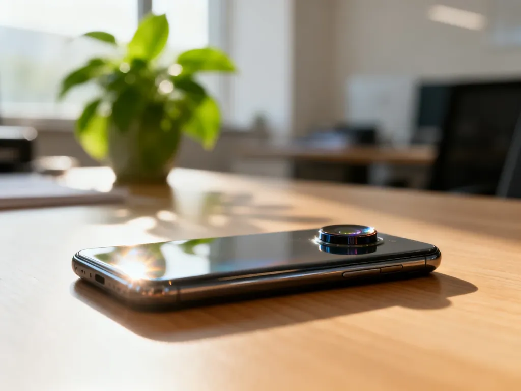 Nowoczesny smartfon vivo leżący na minimalistycznym drewnianym biurku w jasnym, domowym biurze.