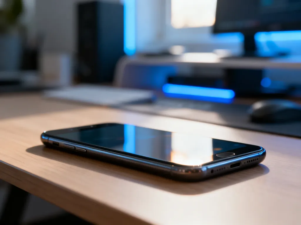 Nowoczesny smartfon Sony leżący na minimalistycznym drewnianym biurku w otoczeniu technologicznego stanowiska pracy.