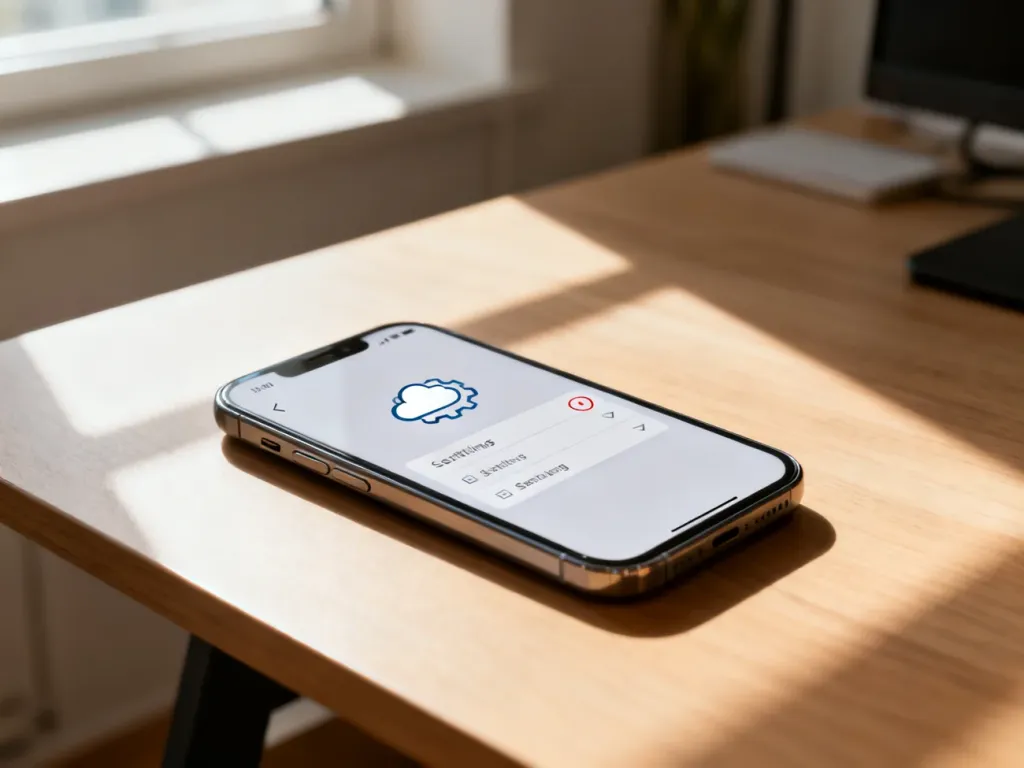 Smartfon na drewnianym biurku z otwartym menu ustawień, gdzie wyłączana jest ikona kopii zapasowej w chmurze.