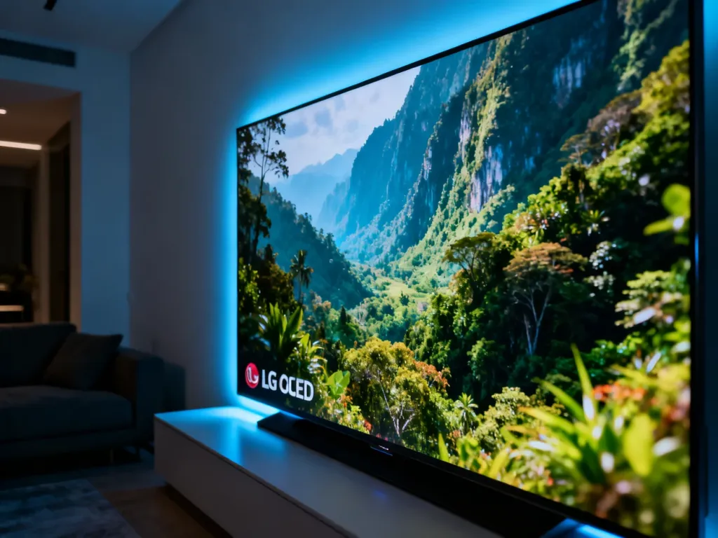 Włączony telewizor LG OLED wyświetlający krajobraz o głębokiej czerni i żywych kolorach w nowoczesnym salonie.