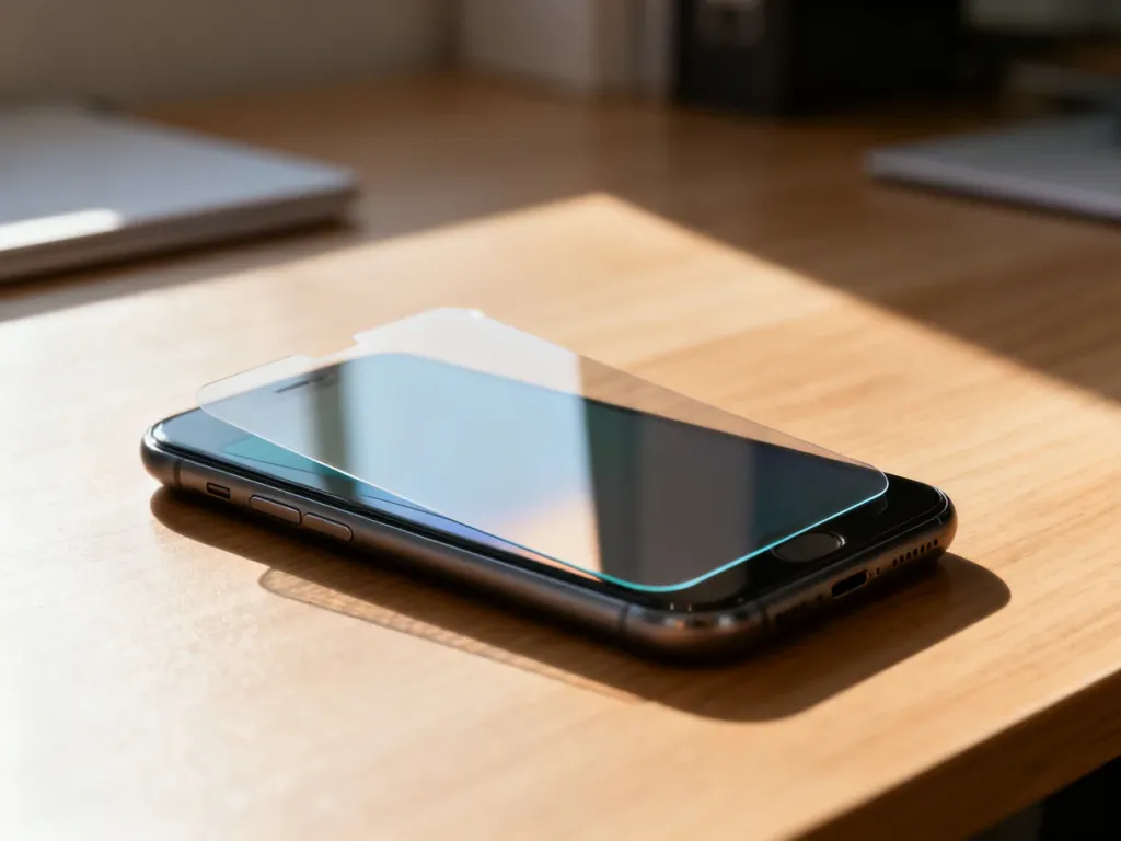 Smartfon na drewnianym biurku z częściowo naklejoną folią ochronną, ukazującą różnicę w wyglądzie powierzchni ekranu.