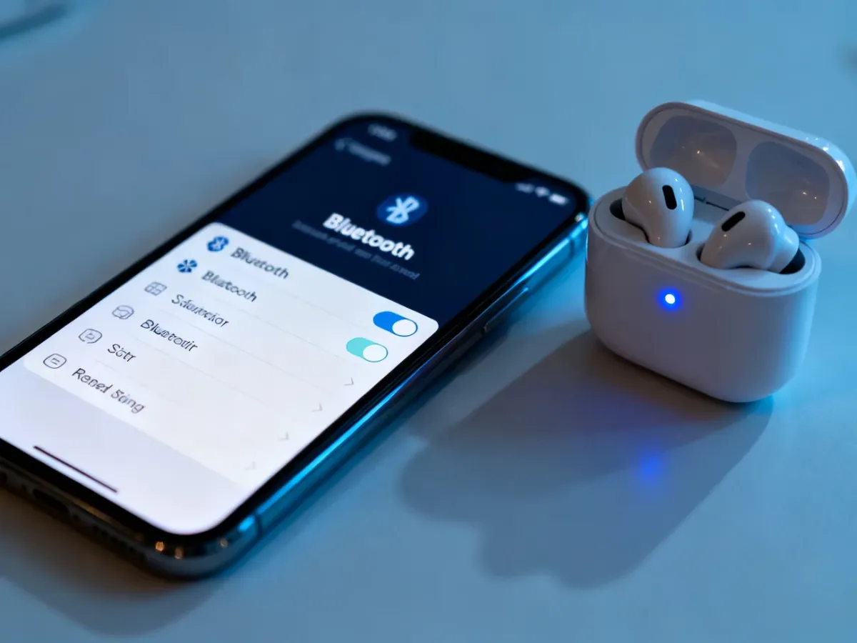 Telefon z otwartymi ustawieniami Bluetooth obok słuchawek bezprzewodowych w trybie parowania