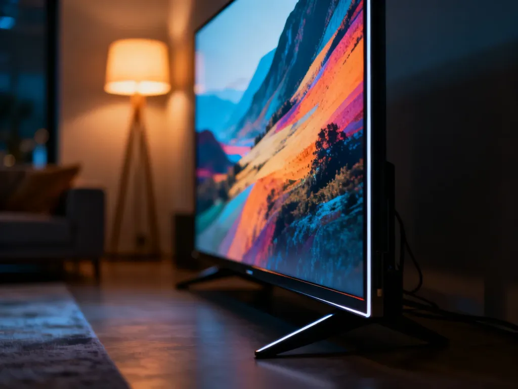 Nowoczesny telewizor 60-calowy z cienką ramką, prezentujący kolorowy krajobraz w przytulnym, minimalistycznym salonie.