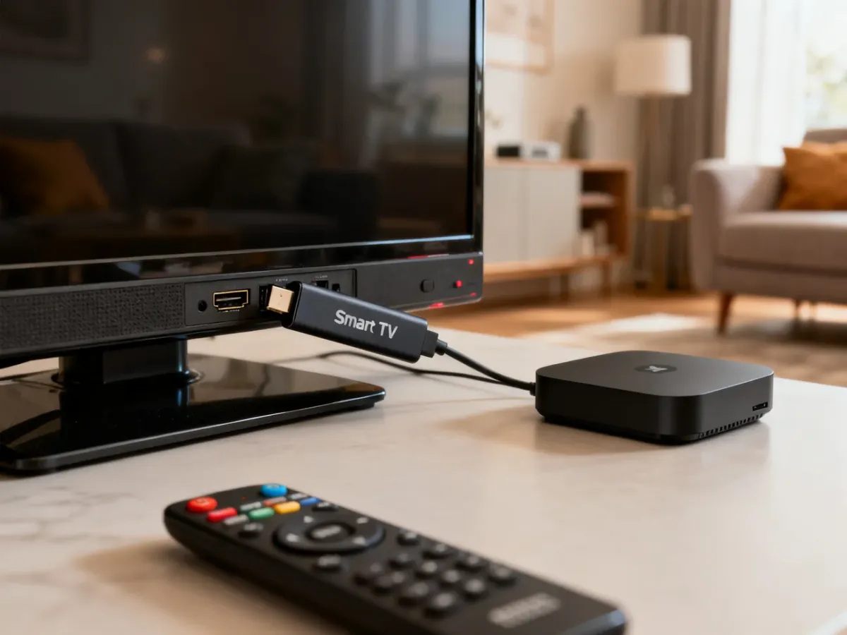Stick Smart TV podłączony do starszego telewizora i box ustawiony obok ekranu
