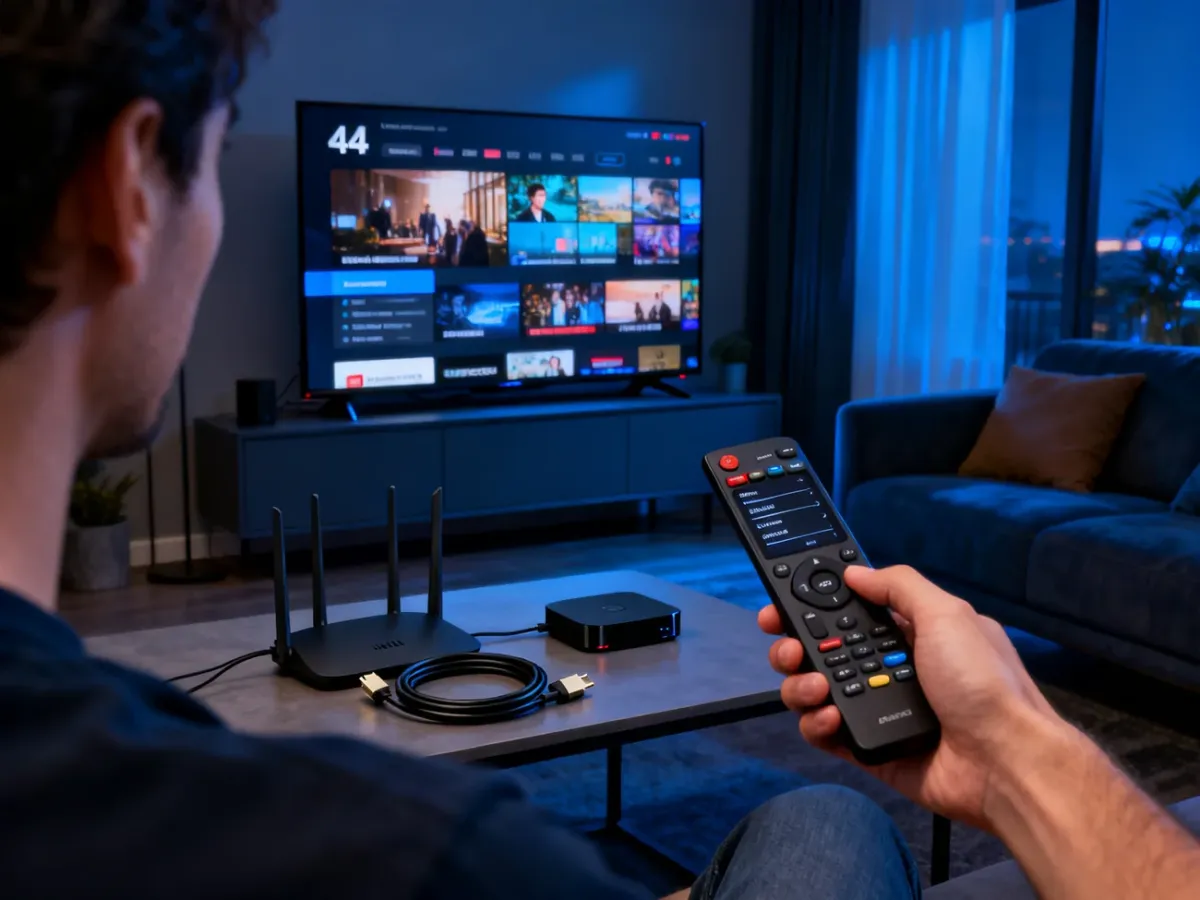 Telewizor 4K, router Wi-Fi i urządzenia pomocnicze podczas diagnozowania problemu z jakością Netflixa