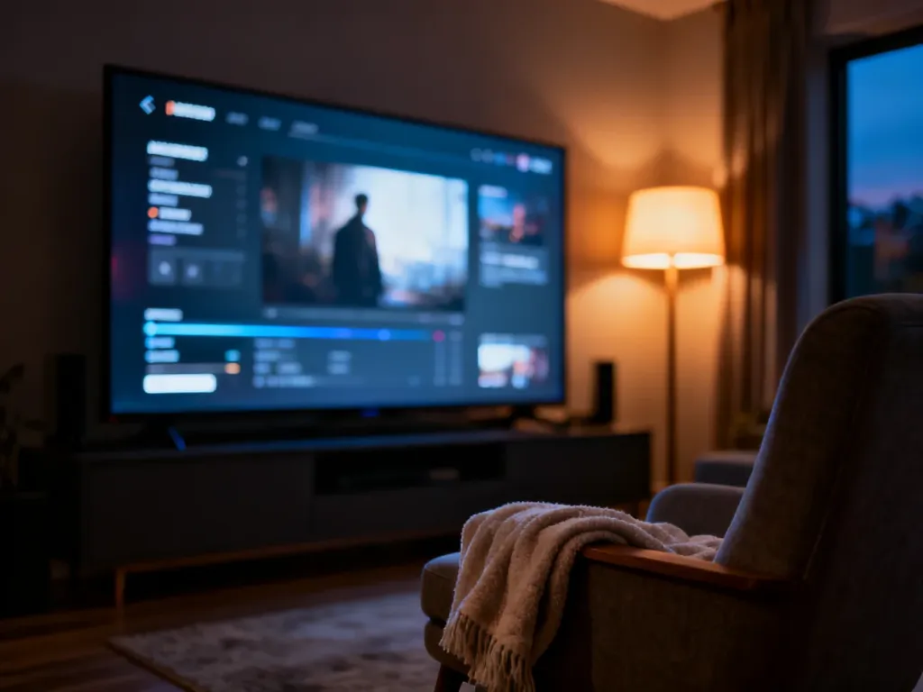 Przytulny salon z włączonym telewizorem, na którym wyświetlany jest interfejs platformy streamingowej.