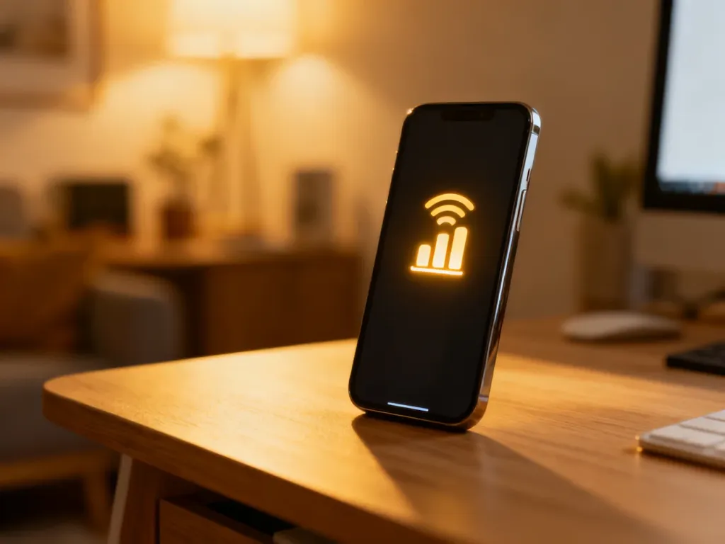 Nowoczesny smartfon z widoczną ikoną zasięgu na ekranie, leżący na drewnianym biurku w przytulnym domowym biurze.
