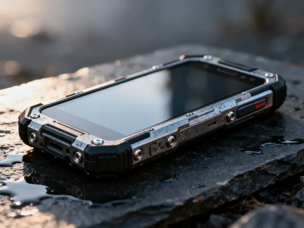 Wytrzymały smartfon Hammer o wzmocnionej konstrukcji spoczywający na mokrej powierzchni, podkreślający jego odporność.