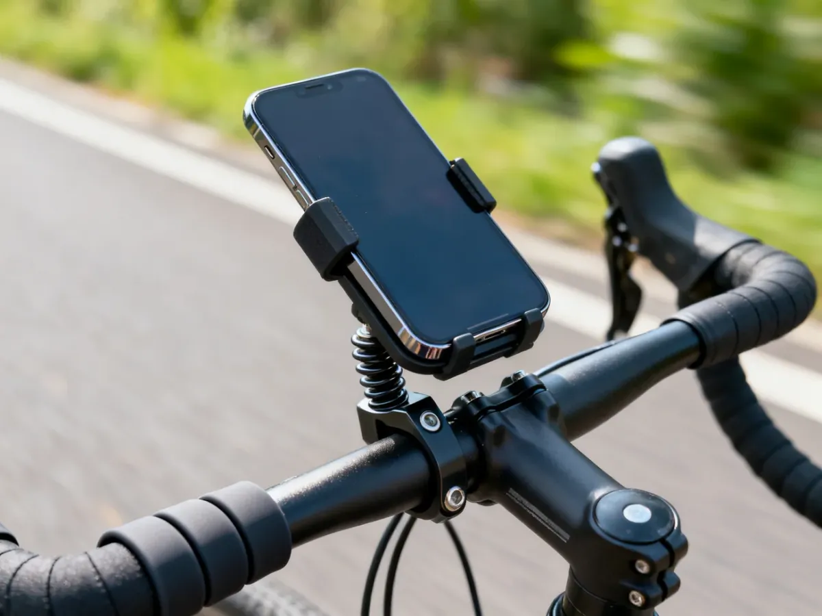 Smartfon zamocowany na kierownicy roweru w solidnym uchwycie