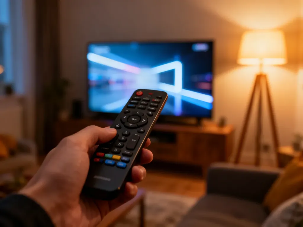 Dłoń trzymająca pilot skierowany w stronę telewizora, ilustrująca proces parowania urządzeń w przytulnym salonie.
