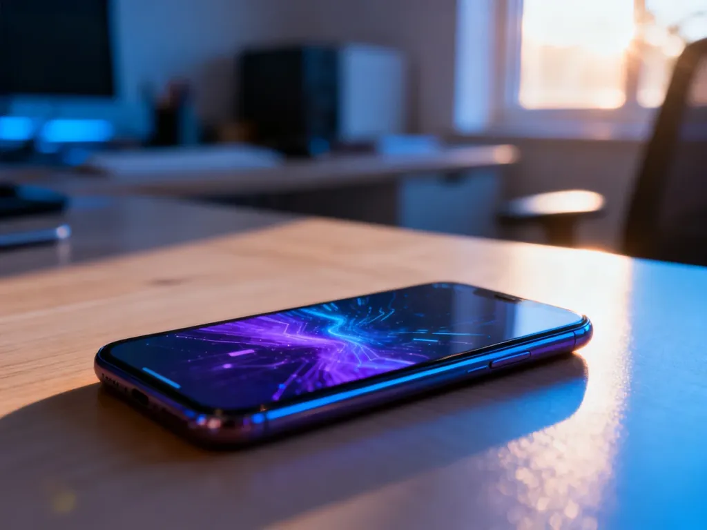 Smartfon Xiaomi Redmi Note 14 Pro z kolorową tapetą na ekranie, leżący na minimalistycznym drewnianym biurku.