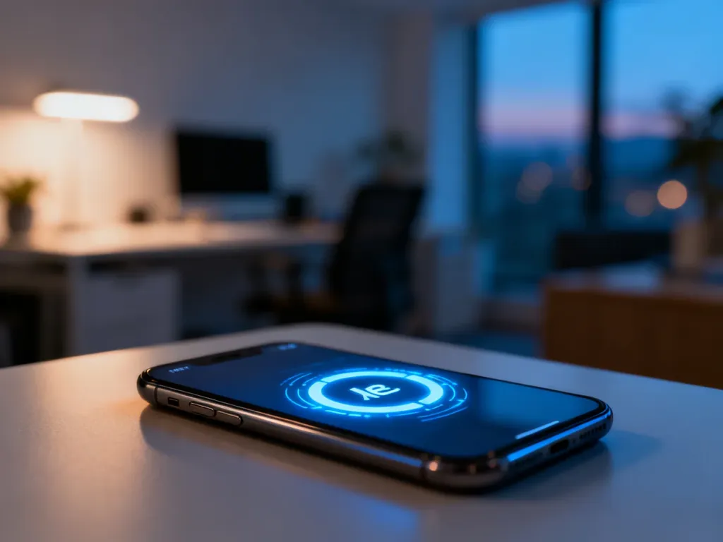 Nowoczesny smartfon z ikoną resetowania na ekranie, spoczywający na minimalistycznym biurku w domowym biurze.