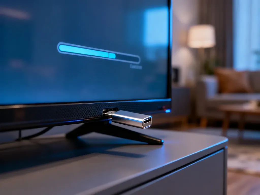 Pasek postępu na ekranie telewizora podczas aktualizacji oprogramowania z podłączonego pendrive'a USB.