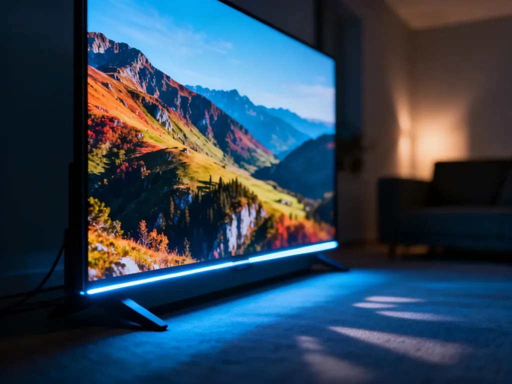 Nowoczesny telewizor LED z jasnym, kontrastowym obrazem krajobrazu, podkreślający wysoką jakość wyświetlania.