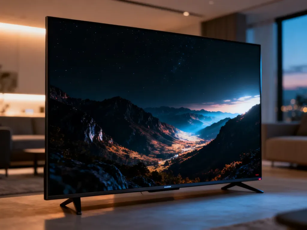 Nowoczesny telewizor Mini LED 55 cali wyświetlający kinowy krajobraz w przytulnym, minimalistycznym salonie.