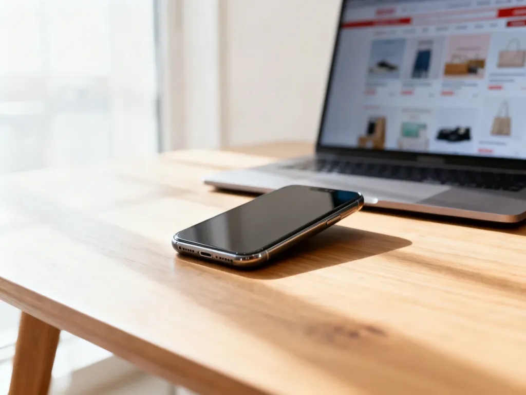 Nowoczesny smartfon na drewnianym biurku w tle z otwartą stroną sklepu internetowego, symbolizujący poszukiwanie okazji.
